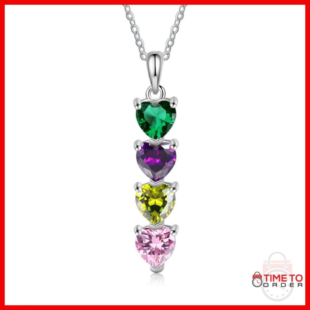 Sterling Silver Personalized Birthstone Necklace, 4 Hearts, 17" Chain